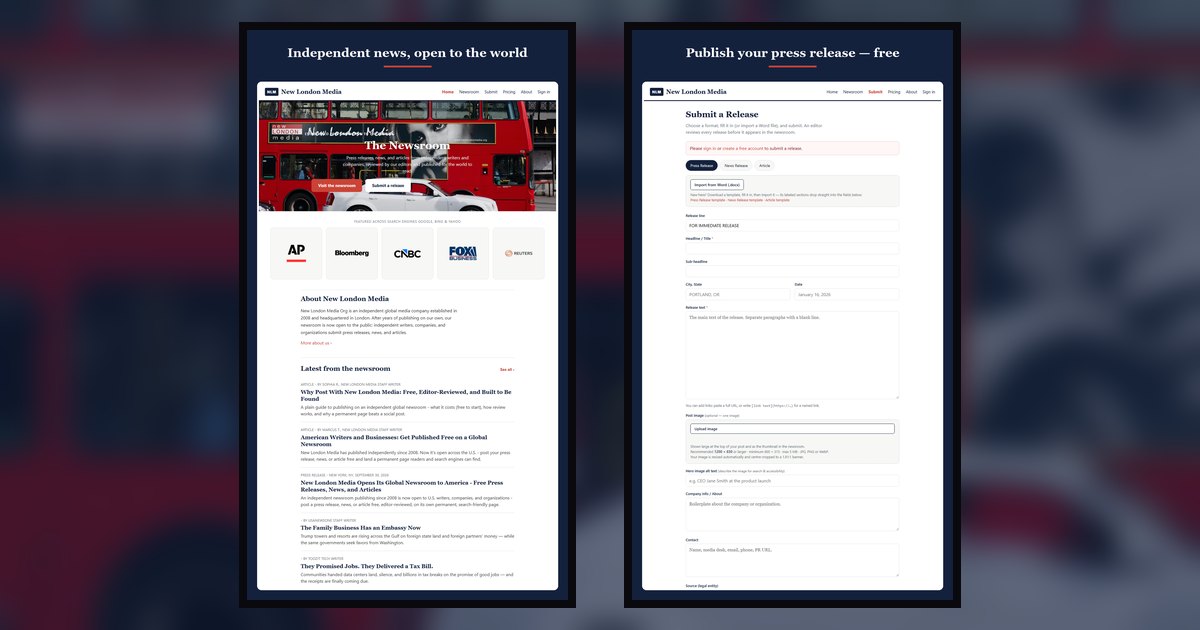 The New London Media app on Android showing the home page and submit form