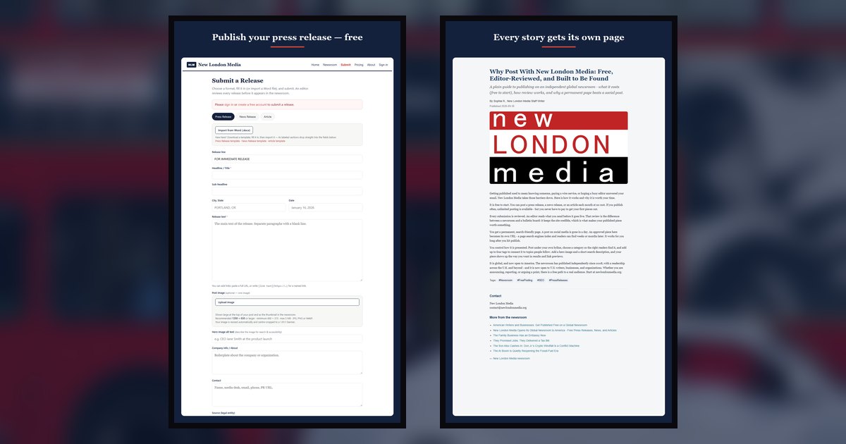 The New London Media Android app showing the submit form and a published article